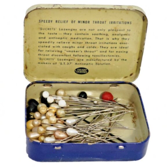 Antique Vintage 54 Decorative Hatpin Stickpin Mixed Lot in Sucrets Tin. - Picture 1 of 5